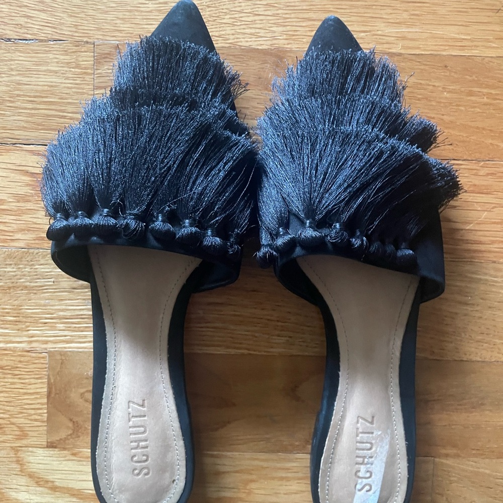SCHUTZ Black Mules with Fringe Detail